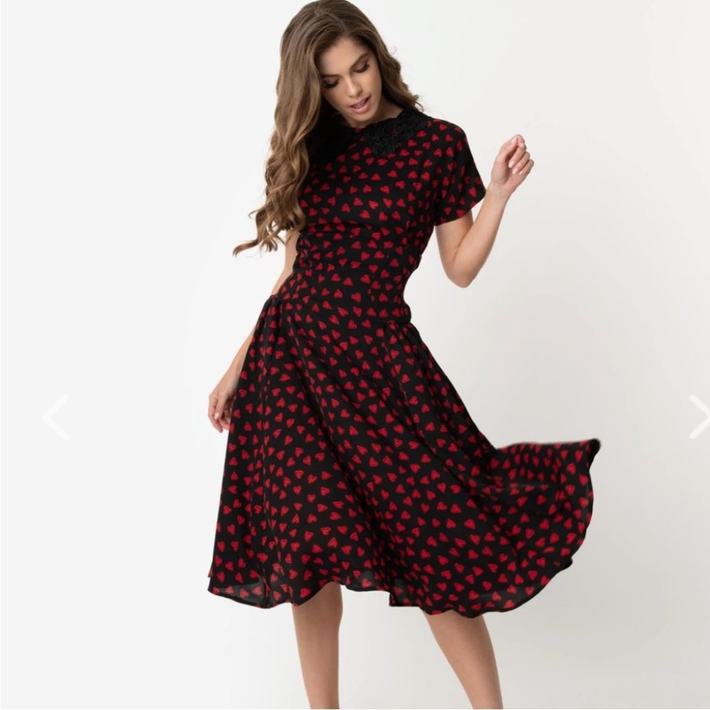 Unique Vintage Margie 1940s Style Heart midi Dress black red 16